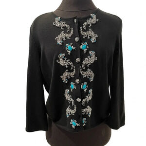 Michael Simon Silk Black Cotton Beaded Cardigan Gecko Frogs  Turquoise Medium